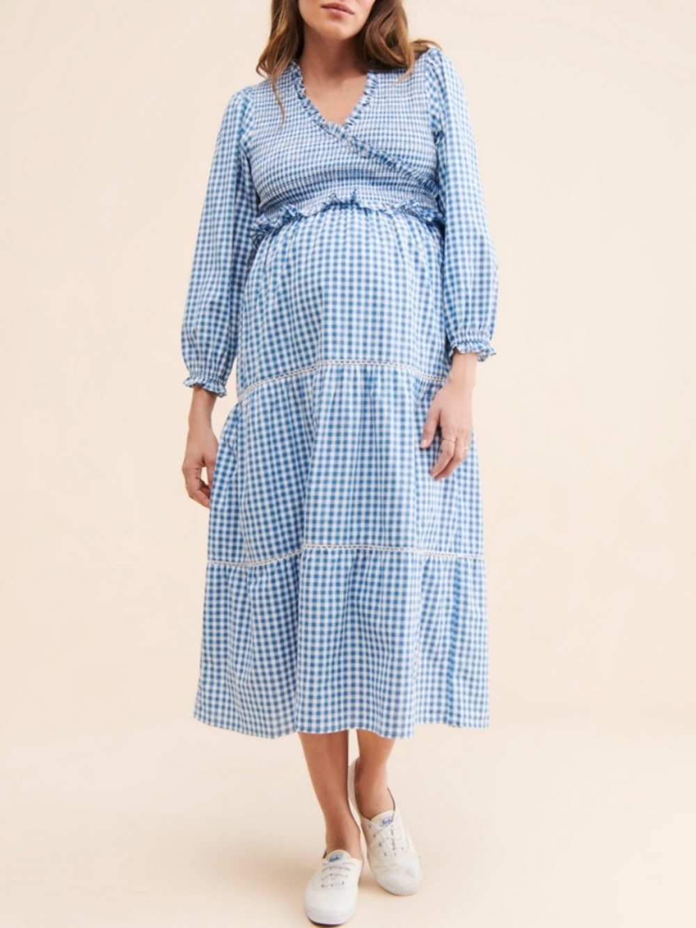 Frances Hart Maternity Ines Dress Blue Gingham Plaid Smocked Midi Dress Size XS